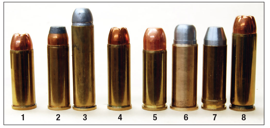 The (1) 480 Ruger appears small compared to other big revolver rounds like the (2) 454 Casull, (3) 460 S&W, (4) 475 Linebaugh, (5) 500 Special, (6) 500 Linebaugh, (7) 500 Wyoming Express and (8) 500 S&W.